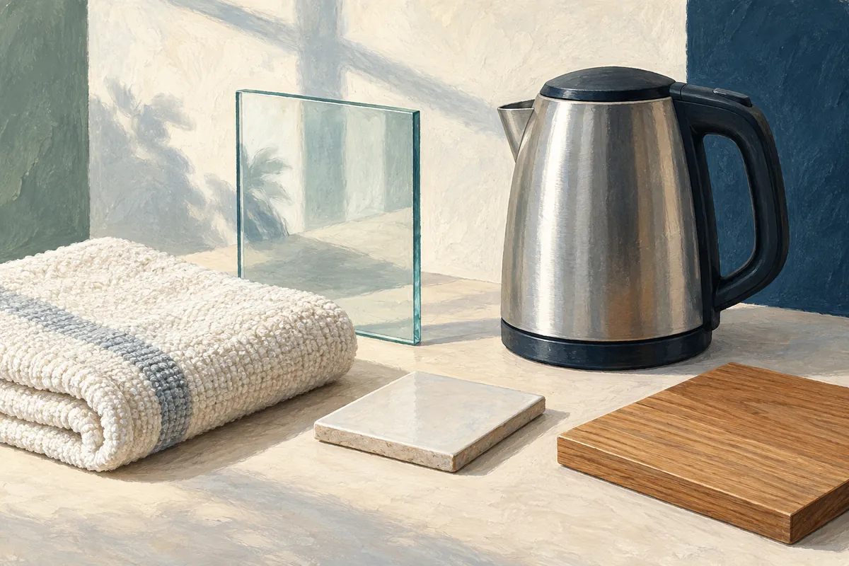 Editorial illustration of cotton, wood, ceramic, glass, and an everyday kettle.